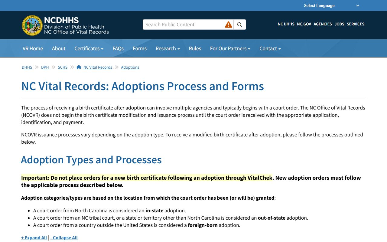 North Carolina birth records adoption process page