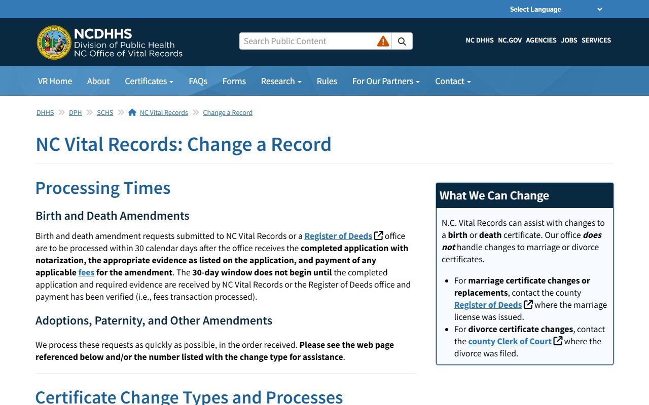 North Carolina birth certificate amendment page