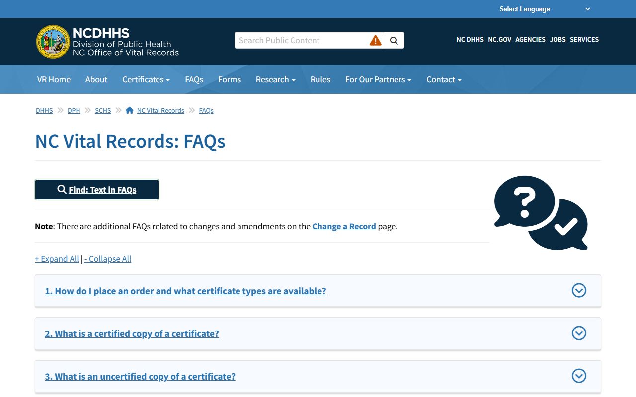 North Carolina birth records FAQ page showing ID requirements