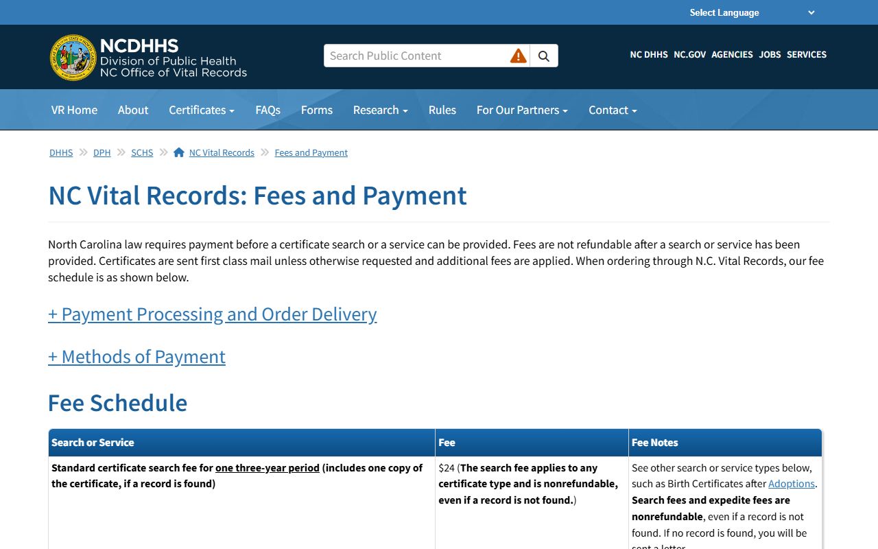 North Carolina birth records fee schedule page