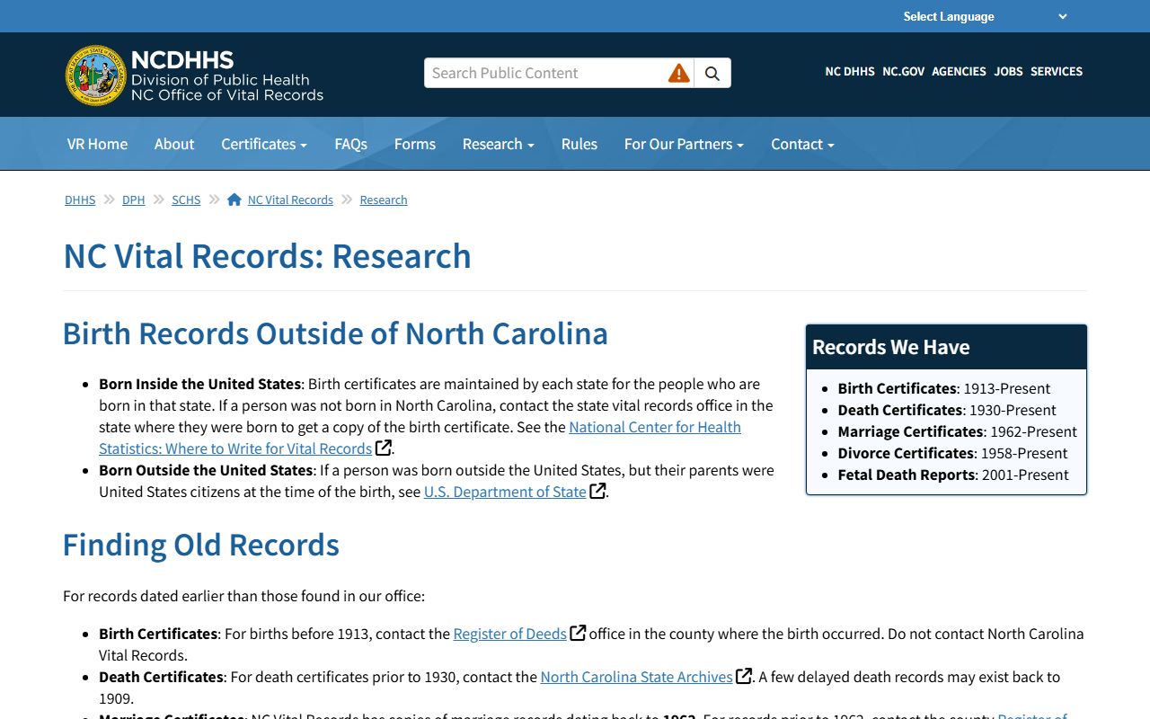 North Carolina genealogical research birth records page