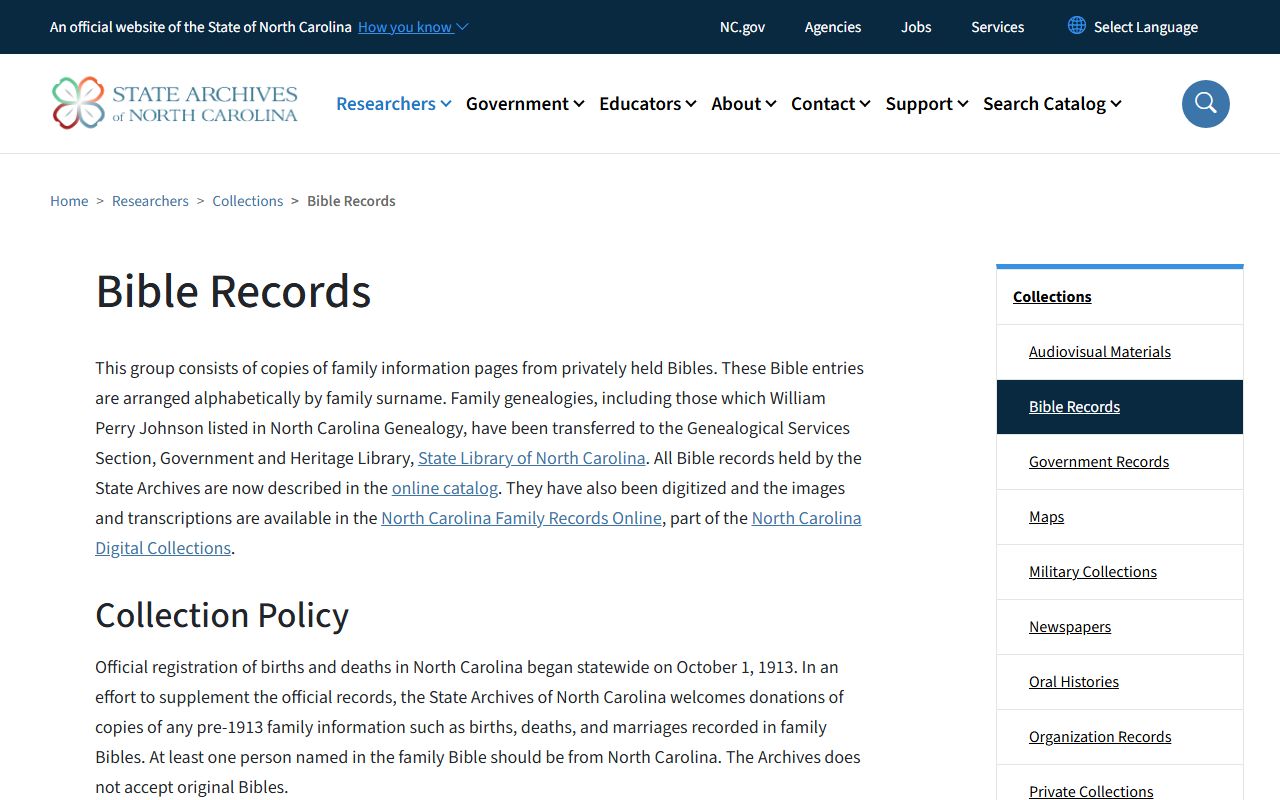 North Carolina State Archives Bible records collection for pre-1913 births