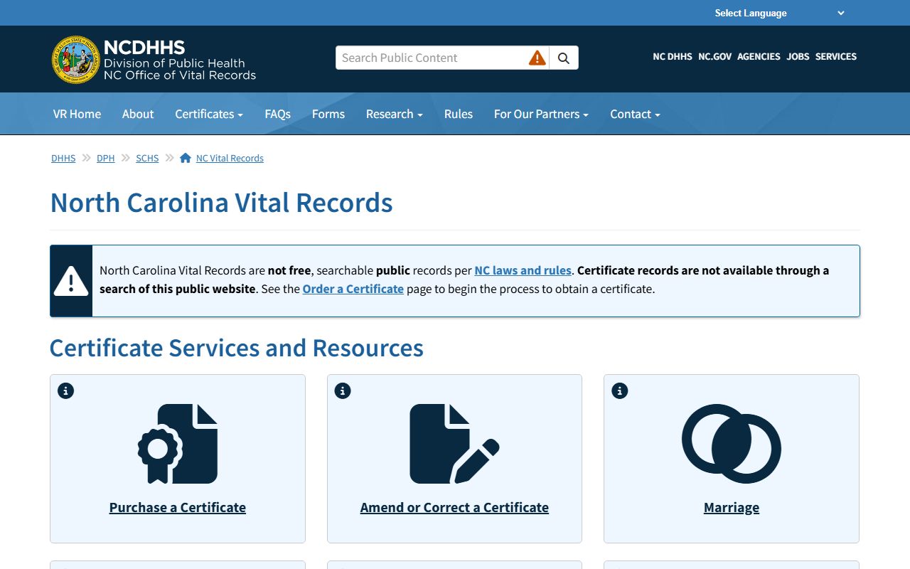 North Carolina Vital Records homepage for birth certificate orders
