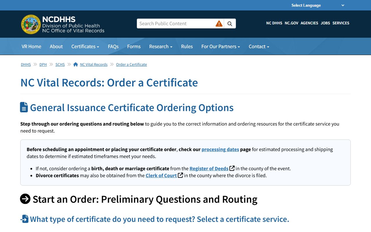 North Carolina birth certificate ordering options page